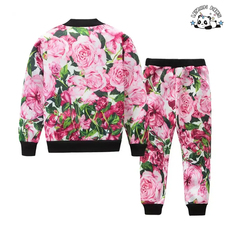 LEZONKIDS - Conjuntos de moletom para crianças no atacado com design de moda fofo, calças bomber com zíper personalizado, impressão digital de flores, roupas infantis